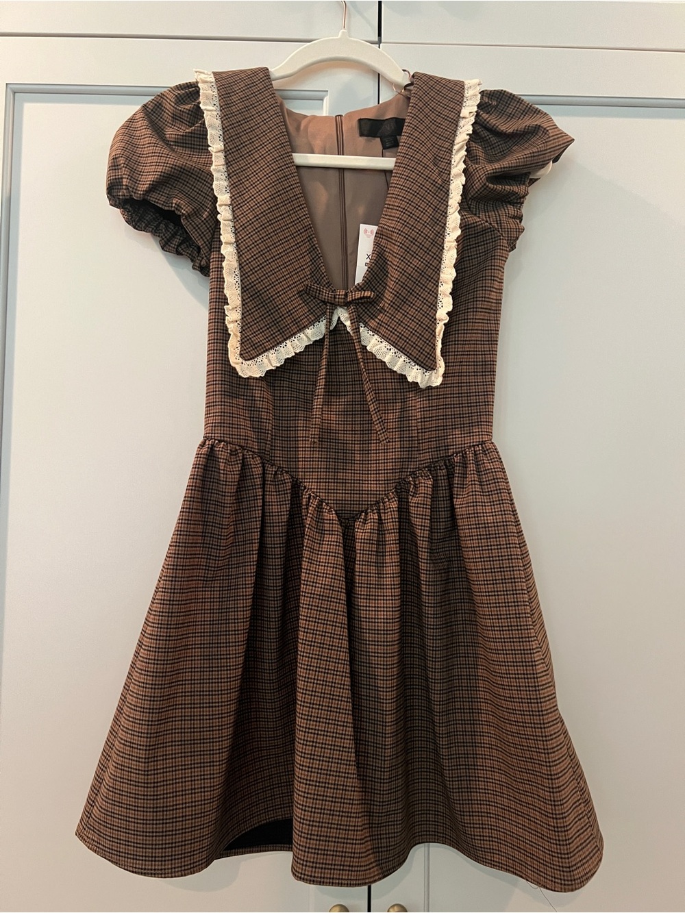 Zara Brown Plaid Mini Dress with Lace-Trimmed Sailor Collar